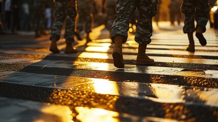 Unrecognizable soldiers crossing a pedestrian crossing at sunset. Selective focus. - obrazy, fototapety, plakaty