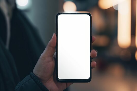 Mockup image of a hand holding a smartphone with white screen