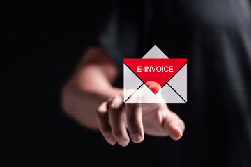 E-Invoice and online digital statements by email. Person touching virtual icon of email with...
