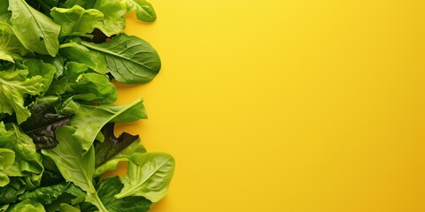 Salad leaves on yellow background, leaving ample space for text.