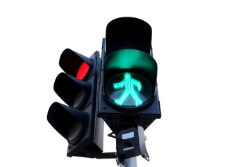 Green light man symbol sign for pedestrian cross road on traffic light at junction in Bangkok and another side red light with white background, Thailand.