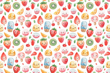 Fototapeta premium seamless pattern watercolor cute kawaii face fruit cartoon illustration happy summer theme, Generated Ai