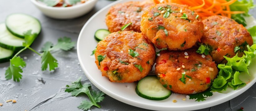Fried fish cakes with cucumber sauce and fresh vegetables served on a white dish Thai style.