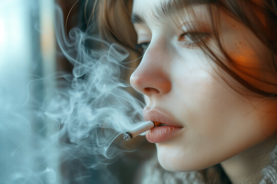 Woman smoking a cigarette, close up.