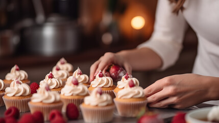  hands gently placing raspberries atop freshly frosted cupcakes
