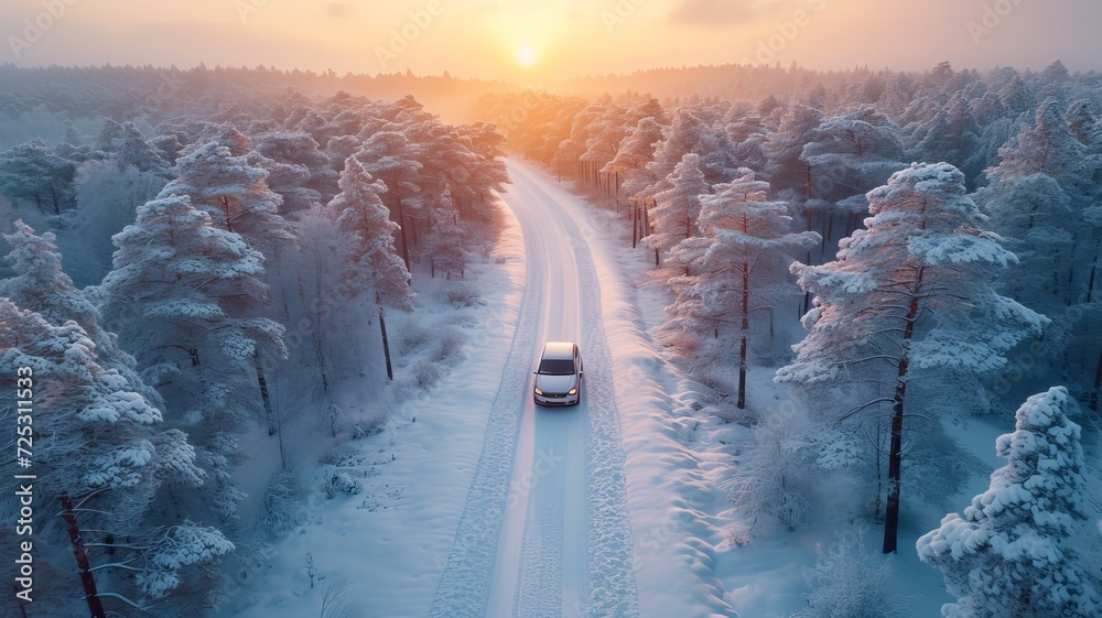 Canvas Prints Car drives through snow forest landscape at sunset