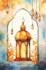 Ramadan Kareem watercolor poster, card, holiday cover set. Arabic text translation Ramadan Kareem. Modern beautiful design template in pastel colors with mosque and arabic lamp.