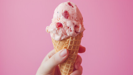 person holding ice cream cone with strawberry ice cream toppings