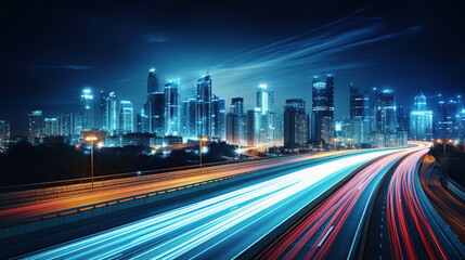 Dazzling Nighttime View of Light Trails on City Highway With Illuminated Skyscrapers