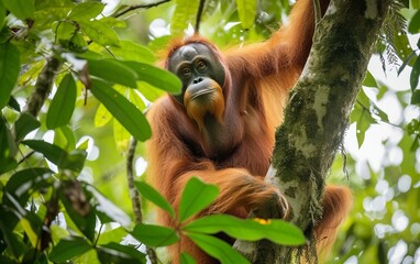 A Sumatran orangutan climbing a tree in the tropical forest. Red list. Red book