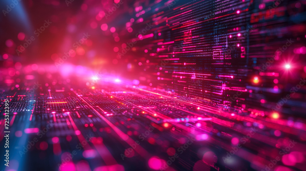 Poster illuminated data stream on circuit board, representing high-speed data transfer and internet connect