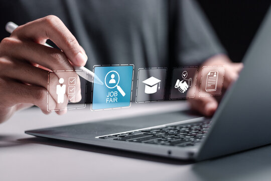 Job Fair concept. Person use laptop with virtual job fair icon for employee recruitment and onboarding program. occupational, applicants, recruit, and hiring.