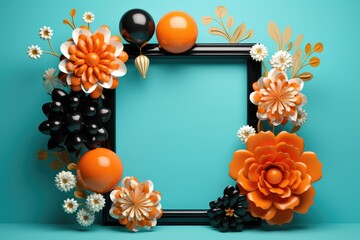 3d render of floral frame with over blue background