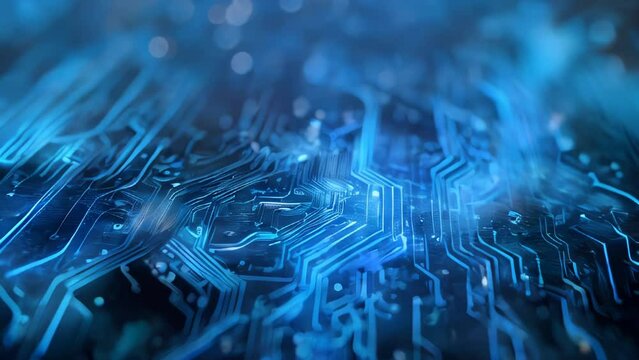 Connections and data paths on a circuit board emitting blue light, suggesting the complexity of electronics and information transmission.
