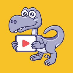 Vector cute dino velociraptor holding a play button cartoon character vector illustration