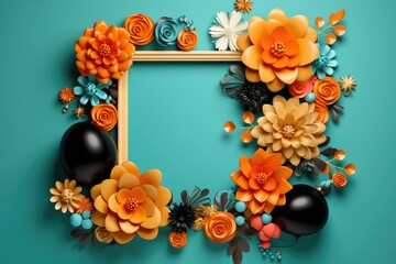 3d render of floral frame with over blue background