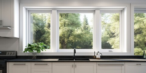 Bright window in white house with spacious kitchen, white cabinets, and black counter.