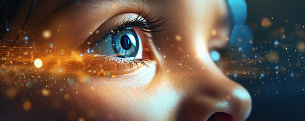 Close-Up View of a Blue Human Eye Adorned With Golden Glitter Sparkles