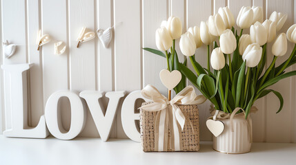Elegant Love Expression with Gift and White Tulips in Minimalist Setting