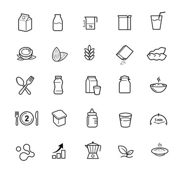 Set icons for plant milk products. The outline icons are well scalable and editable. Contrasting elements are good for different backgrounds. EPS10.