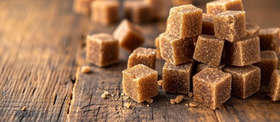 Brown sugar cane cubes on a wooden background.