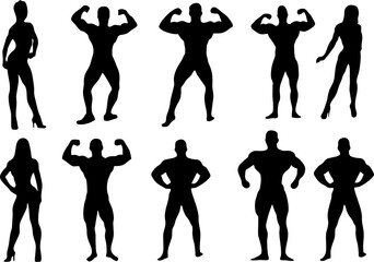 Bodybuilders silhouettes set. Posing men and women. Muscular people illustration for gym or fitness center signboard. Physical fitness symbol. High HD resolution.