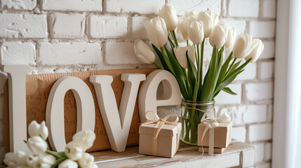 Elegant Love Expression with Gift and White Tulips in Minimalist Setting