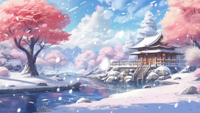 Animated background of a beautiful winter natural landscape. landscape with snow covered bridge. seamless looping overlay 4k virtual video animation background 
