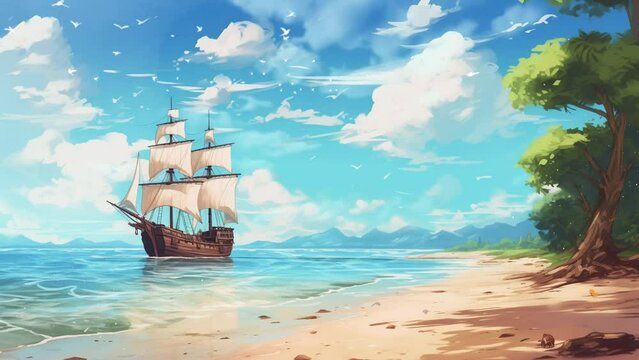 Cartoon or anime watercolor painting illustration style. beach views in summer and pirate ships on the beach. seamless looping overlay 4k virtual video animation background 