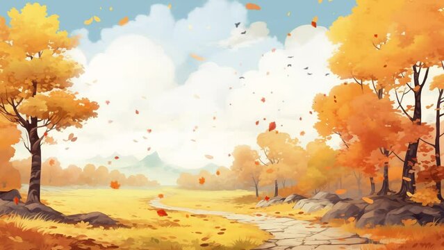 autumn landscape with trees and falling leaves Cartoon anime illustration. seamless looping overlay 4k virtual video animation background 