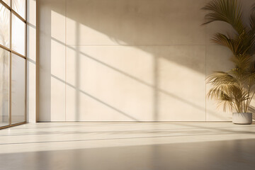 empty wall with Palm tree on the side and sunlight from the window , mockup ,  empty space