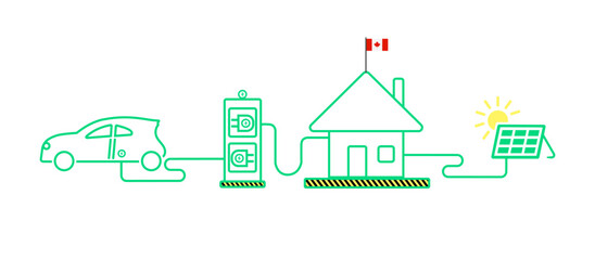 Solar energy for international homes and cars on white background.