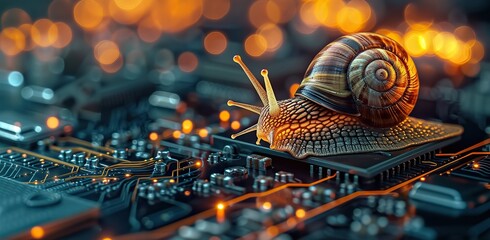 Snail on a motherboard, the concept of slow internet or technological progress. - obrazy, fototapety, plakaty