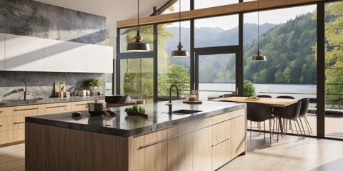 Contemporary kitchen in luxury home with island, sink, cabinets, and large window.