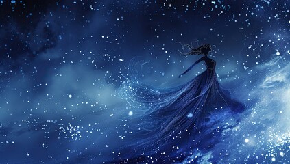 Fototapeta na wymiar Mystical figure in a dress with stars against the night sky. The concept of space and grandeur.