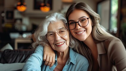 Young and elderly women smiling at the camera. The concept of family warmth.