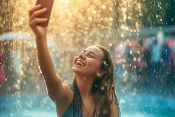 Young woman taking a selfie in the rain.