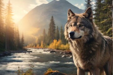 Wolf at the autumn forest on river and mountains background on sunrise. Concept for greeting post cards, puzzles, calendars, stickers, animal protection. AI generated