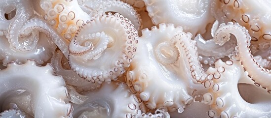 Closeup texture of raw frozen seafood, such as octopus, squid, calamari, or cuttlefish.
