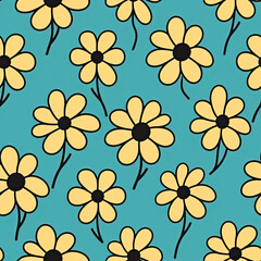 seamless yellow daisy  background over green background. Drawing  for fabric, banner, backgrounds and wallpaper.