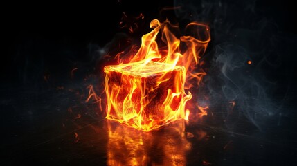 Fire in form of cube. Fire flame on black background
