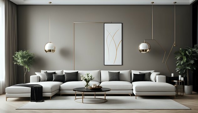 Blank horizontal poster frame mock up in scandinavian style living room interior, modern living room interior background, beige sofa and pampas grass, 3d rendering