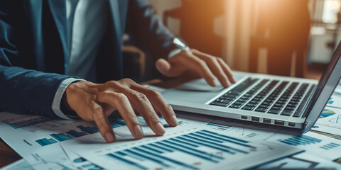 Numerical success: Close-up of a business man's hands skillfully using a calculator and laptop, ensuring accurate financial calculations for success in the office.
