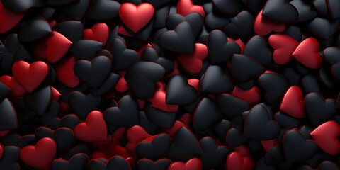 3d Hearts Falling Red and black heart shaped rocks on black background. Pile of white heart pebble stone. Valentine's day Heart shape of pebble on small peddles.
