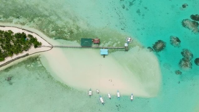 Tropical island with palm trees and sandy beach. Onok Island, Balabac, Philippines.