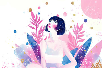 Obraz premium Happy Yoga Girl Illustration - Artistic Representation of Joyful and Peaceful Yoga Practice, Perfect for Wellness and Fitness Themes, Generated AI