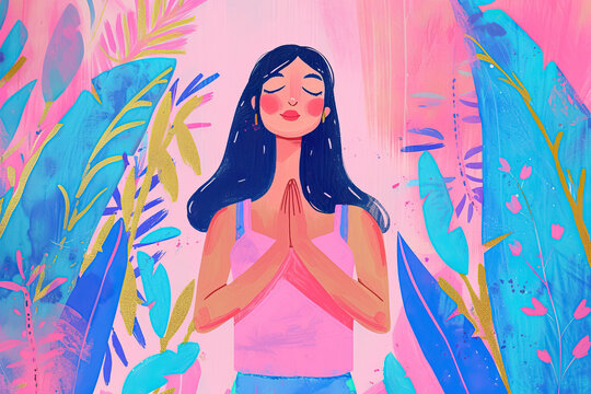 Happy Yoga Girl Illustration - Artistic Representation of Joyful and Peaceful Yoga Practice, Perfect for Wellness and Fitness Themes, Generated AI