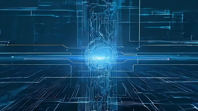 Numerous data lines extending from a central hub emitting blue light, symbolizing communication and centralized data management.
