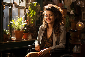 Happy young woman exudes happiness as she sits in wheelchair, embracing lifes vibrant moments with smile.