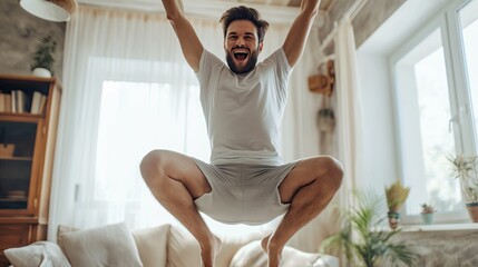 Joyful man doing gymnastics at home
